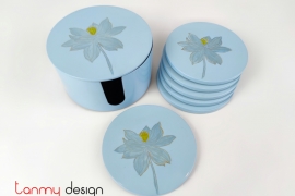 Set of  6 blue round coasters engraved lotus included with box 